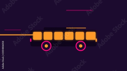 Seamless looping animation of a retro synthwave transit bus traveling at high speed with neon glowing streaks isolated on dark background, 80s outrun style