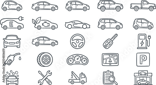 Tableau sur toile Car Classification and Automotive Service Icon Set Featuring Sedans Electric Veh