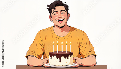 young man smiling joyfully while holding a chocolate cake with candles on a table, celebrating a birthday concept, with copy space