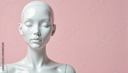 mannequin head with closed eyes exhibiting a serene expression against a soft pink background used for fashion and retail display purposes