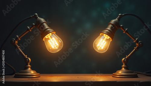 vintage desk lamps illuminating a wooden table with a dark background, creating a warm ambiance suitable for home or office decor