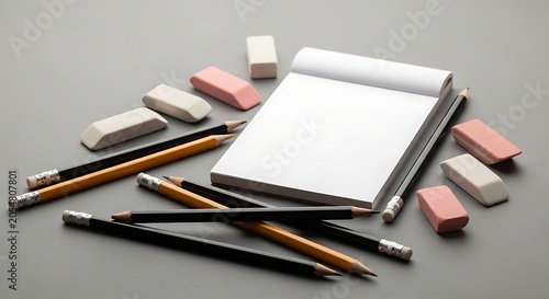 Stationery items and pencils on a gray surface for writing and drawing purposes