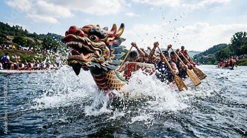 Dragon Boat Race on Water with Paddlers and Splashing Water