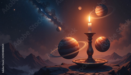 cosmic scene with a candle illuminating mystical planets in a surreal landscape, concept of astronomy and imagination