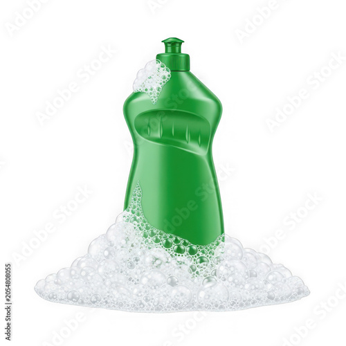 Green plastic dish soap bottle with foam isolated on transparent background