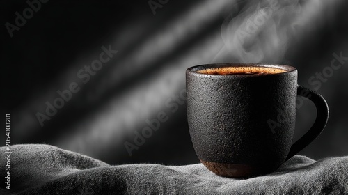 Warm coffee cup on textured fabric with steam rising, dramatic lighting and shadows create a cozy and inviting atmosphere for relaxation and enjoyment