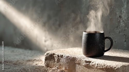 Black ceramic mug emitting steam on a rustic stone surface with soft sunlight casting shadows in a peaceful and serene atmosphere
