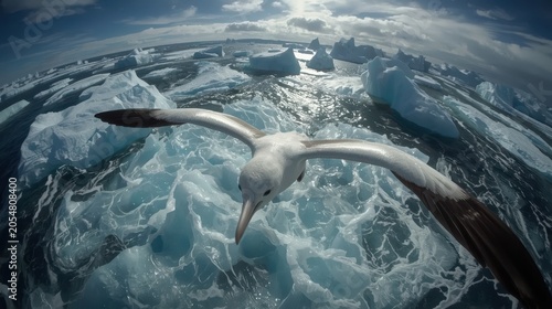 Wandering Albatross soaring with massive wingspan over a turbulent, icy sea. Generative AI