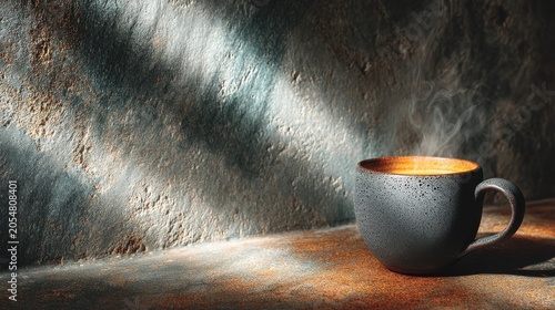 Dark ceramic coffee cup with steam on rustic surface showcasing natural light and textured background adding warmth and mood to the coffee scene