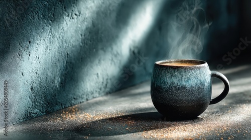 Hot steaming cup of coffee on a textured surface with dramatic shadows and a cool color palette creating a serene atmosphere for cozy moments