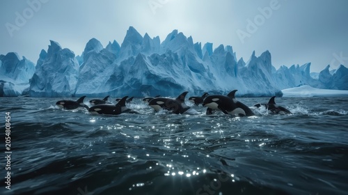 Pod of Orcas breaching through dark waves near a massive, glowing blue glacier. Generative AI