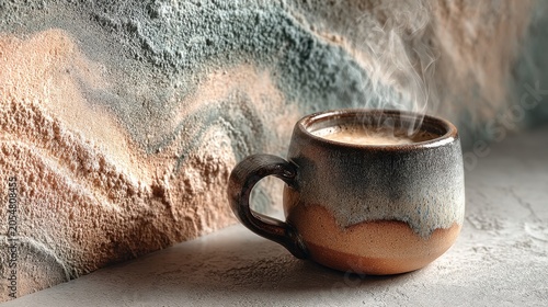 Warm Coffee Cup Against Textured Wall Background with Delicious Aroma and Steam Rising, Perfect for Cozy Mornings and Relaxation Moments