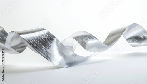 Abstract silver metallic ribbon gracefully flowing on white background