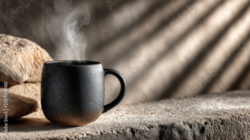 Elegant Black Coffee Mug on Stone Surface with Steam and Natural Light Creating Soft Shadows in a Minimalist Setting