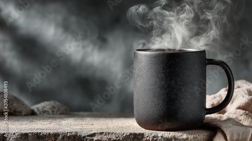 Steam Rising from Cozy Black Mug on Stone Table with Soft Focus Background Creating a Warm and Inviting Atmosphere for Beverages