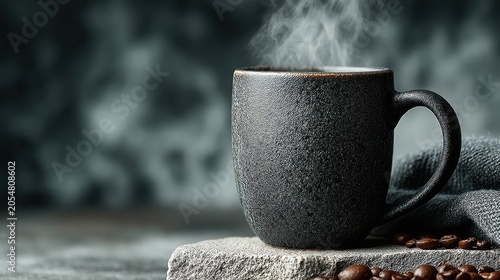 Steam Rising from Dark Ceramic Mug on Stone Surface with Coffee Beans and Soft Fabric in a Cozy and Inviting Setup for Beverage Promotion