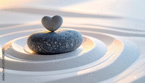 Stacked heart stone on dark rock in a tranquil zen sand garden