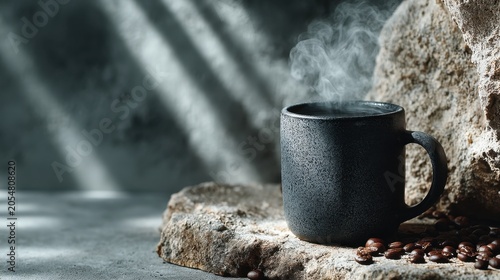 Elegant Black Mug on Textured Stone Surface with Steaming Coffee and Coffee Beans Under Soft Natural Light and Gentle Shadows