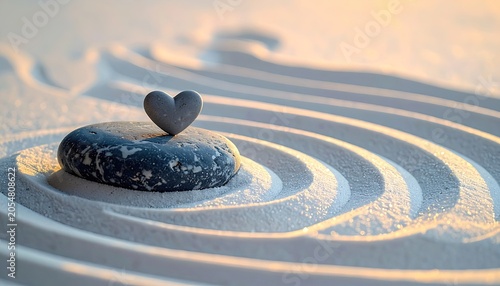 Grey heart stone atop a dark rock in a tranquil zen sand garden