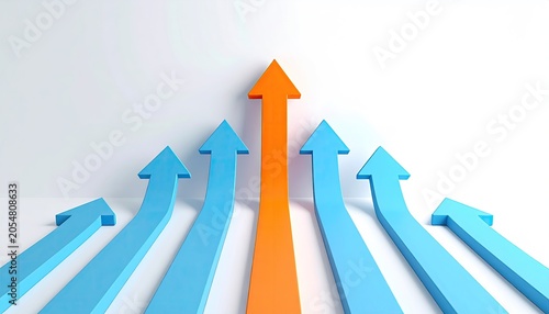 One dominant orange arrow rises above several blue upward arrows