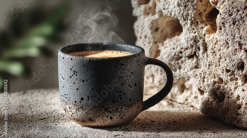 Warm and Inviting Handmade Coffee Mug on Rustic Surface with Steam Rising Against Natural Stone Background for Cozy Drink Atmosphere