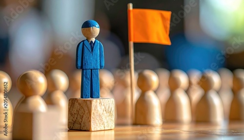 Blue leader figurine on block with orange flag, crowd behind