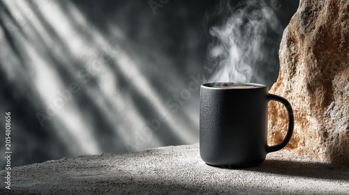 Black mug with steaming coffee resting on stone surface illuminated by soft light, creating a cozy and inviting atmosphere in a minimalistic setting