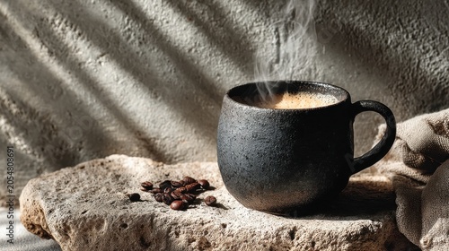 A Beautiful Close-Up of a Steaming Coffee Mug on a Rustic Stone Surface with Coffee Beans in Soft Natural Light Creating a Cozy Atmosphere