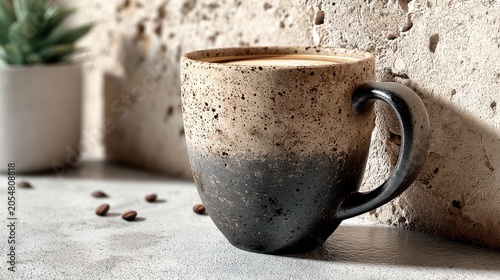 Cozy ceramic mug filled with coffee placed on a textured surface with coffee beans and a small plant in the background for a warm aesthetic