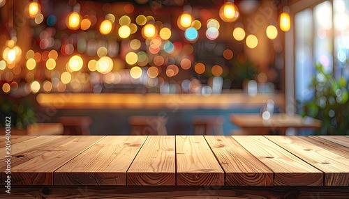 Empty wooden table foreground, blurred cozy bar/restaurant lights