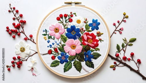 Floral embroidery hoop with vivid blossoms, flanked by berries