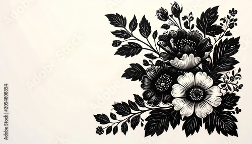 Elegant black & white flowers and leaves corner vignette