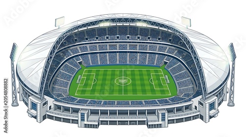 Empty modern stadium interior with green field and white seating in black and white line art style