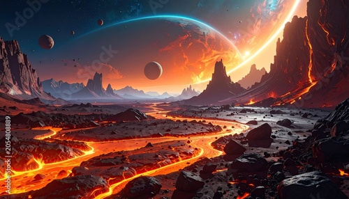 Volcanic alien world lava rivers, jagged mountains, glowing sky