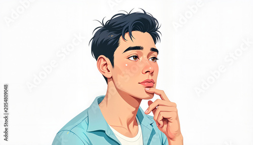 young man in deep thought touching his chin while looking contemplatively, with a plain white background for various design purposes