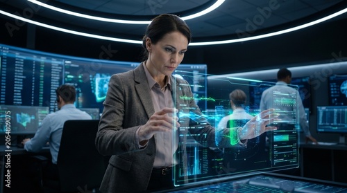 Professional female analyst interacting with holographic data interface in a modern high-tech control room.