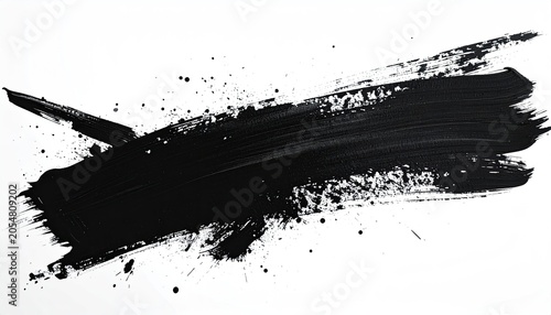 Dynamic black paint stroke with splatters on white background
