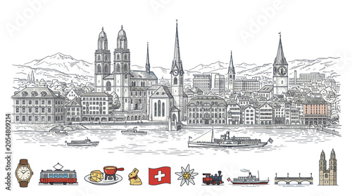 Cuadro en lienzo Zurich skyline panorama with landmarks and swiss culture icons