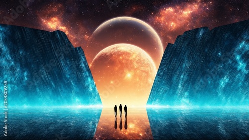 Three Figures Gazing At Dual Planets In Space
