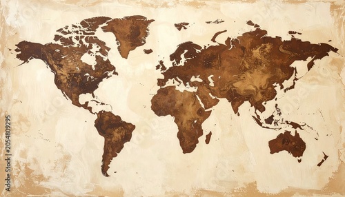 Vintage textured world map, brown continents on aged beige canvas