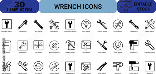 Set of 30 wrench line icons featuring adjustable basin box chain combination cone crowfoot double flare garage hex hook lug mechanic monkey and more.