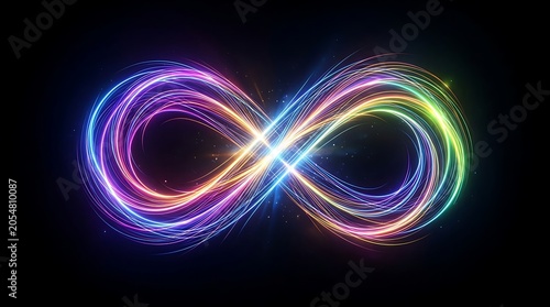 Luminous Infinity Loops with Rainbow Neon Glow on Black Background