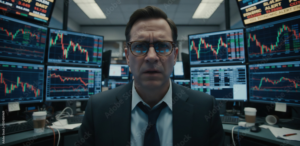 Fototapeta premium Financial analyst monitoring stock market data and trading charts in a modern control room, illustrating investment strategy, market volatility, and global finance