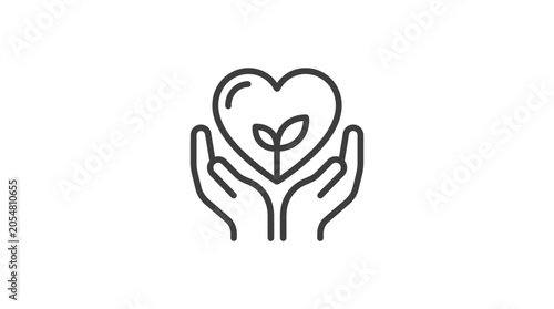Hands holding heart and plant line art icon.