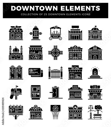 diverse downtown element icons in a clean. modern style for urban design