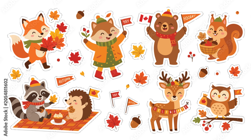 Fototapeta premium Cute forest animals celebrating canada day with autumn leaves and festive stickers