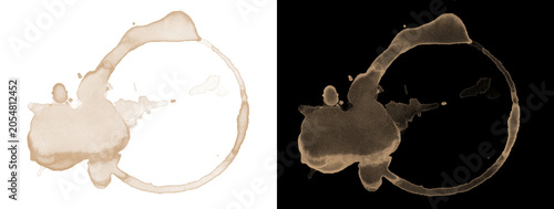 Coffee cup ring stain with drip isolated on white and black