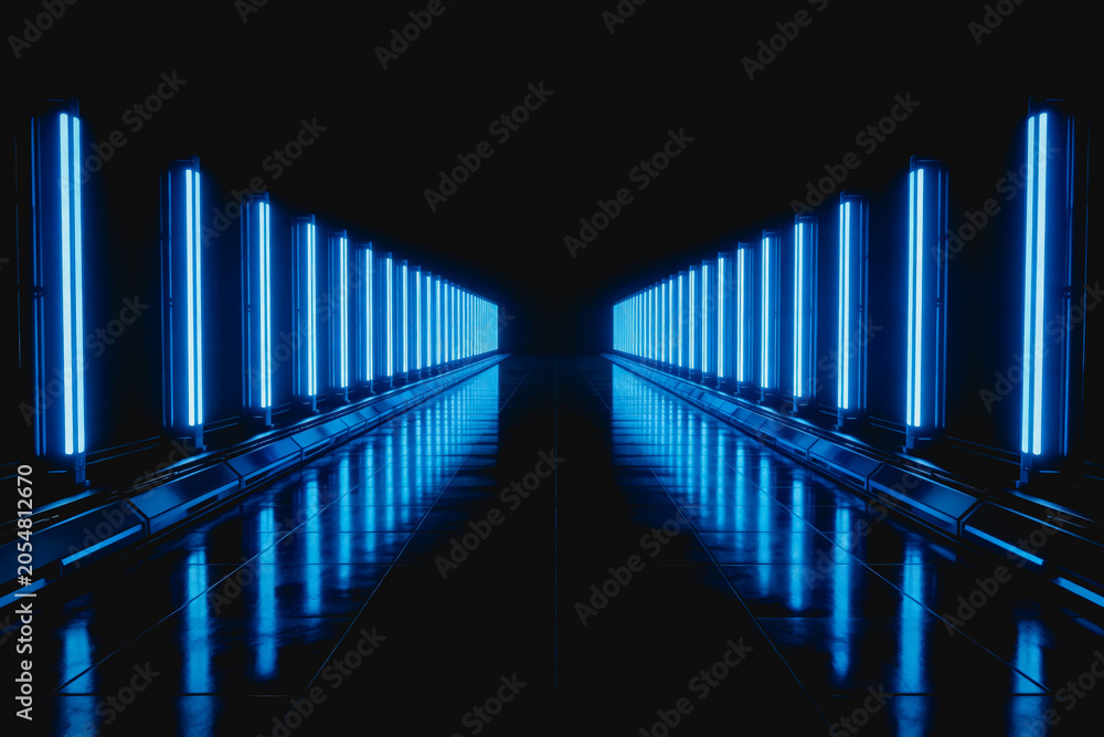 Fototapeta premium A symmetrical dark corridor lined with bright blue neon lights, creating sharp reflections on a polished floor, evoking a futuristic tech atmosphere.
