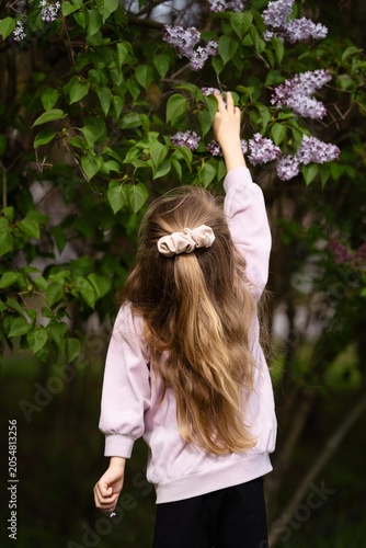 Rear view of a little girl with long light brown hair adorned with a decorative hair clip, reaching out to pick a blooming lilac branch in a spring garden. The focus is on her beautiful flowing hair.