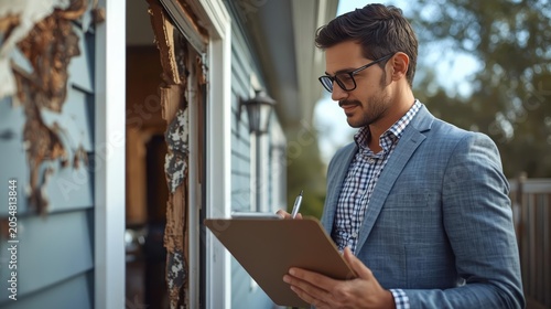 Insurance Adjuster Inspecting House Damage with Clipboard